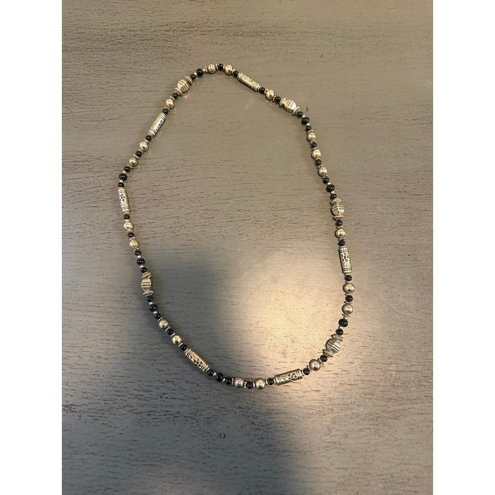 Vintage Silver Tone Black Beaded Tribal Boho Etched Cylinder Necklace 33 Inch
